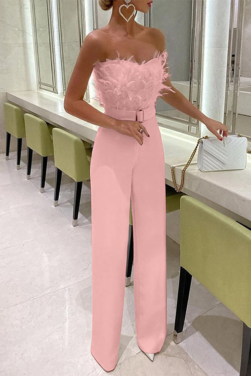 Karladress Off Shoulder Feather Splice Belted Jumpsuit