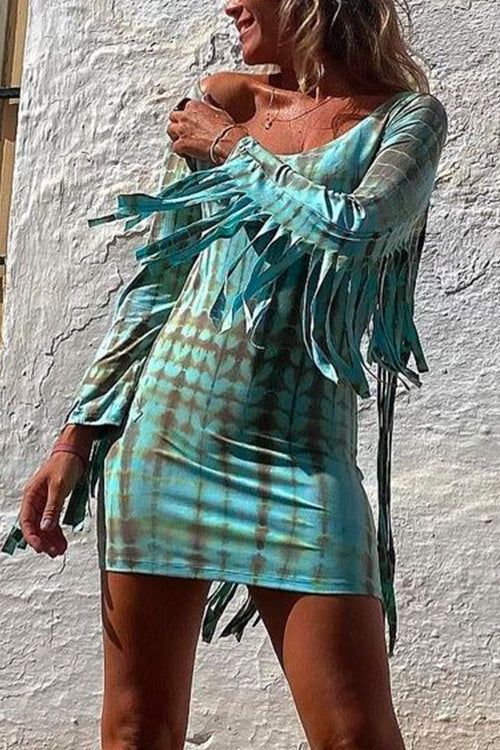 Karladress Tassel Long Sleeve Tie Dye Bodycon Dress