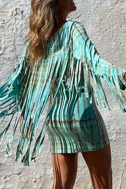 Karladress Tassel Long Sleeve Tie Dye Bodycon Dress