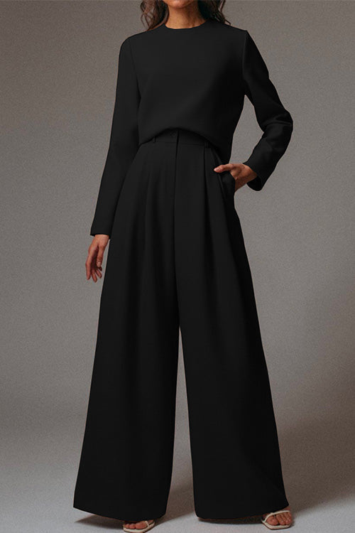 Karladress Crewneck Long Sleeve Pullover and Wide Leg Pants Solid Set