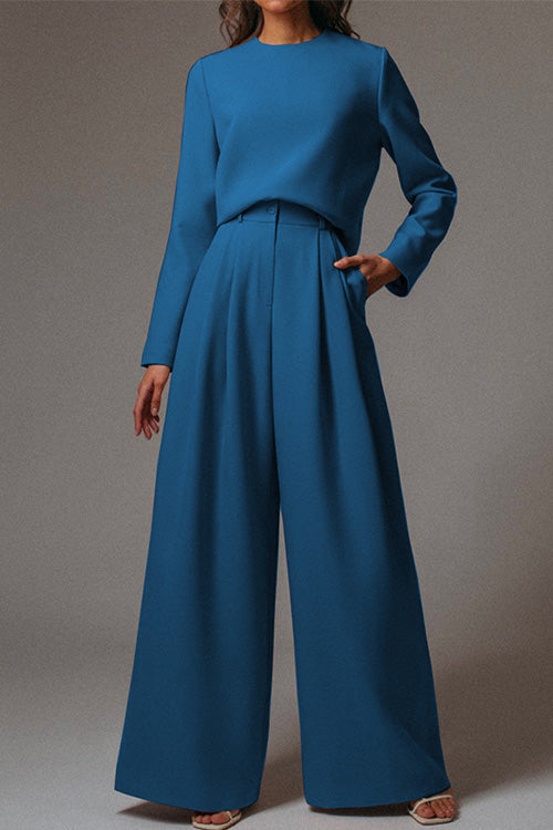 Karladress Crewneck Long Sleeve Pullover and Wide Leg Pants Solid Set