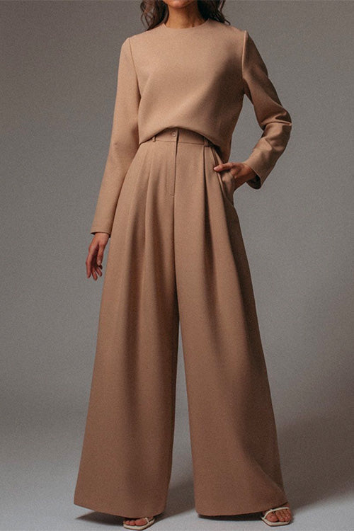 Karladress Crewneck Long Sleeve Pullover and Wide Leg Pants Solid Set