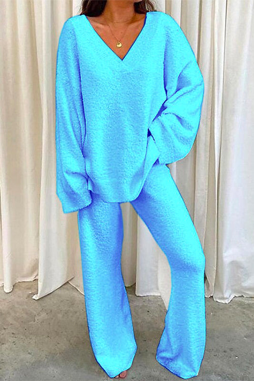 Karladress V Neck Batwing Sleeve Top and Straight Leg Pants Loungewear Set