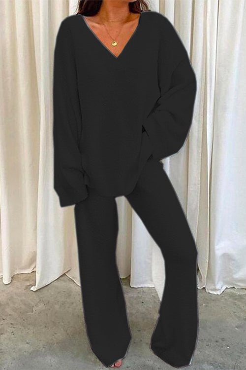 Karladress V Neck Batwing Sleeve Top and Straight Leg Pants Loungewear Set