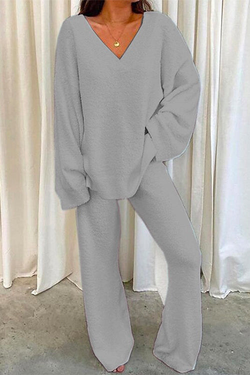 Karladress V Neck Batwing Sleeve Top and Straight Leg Pants Loungewear Set