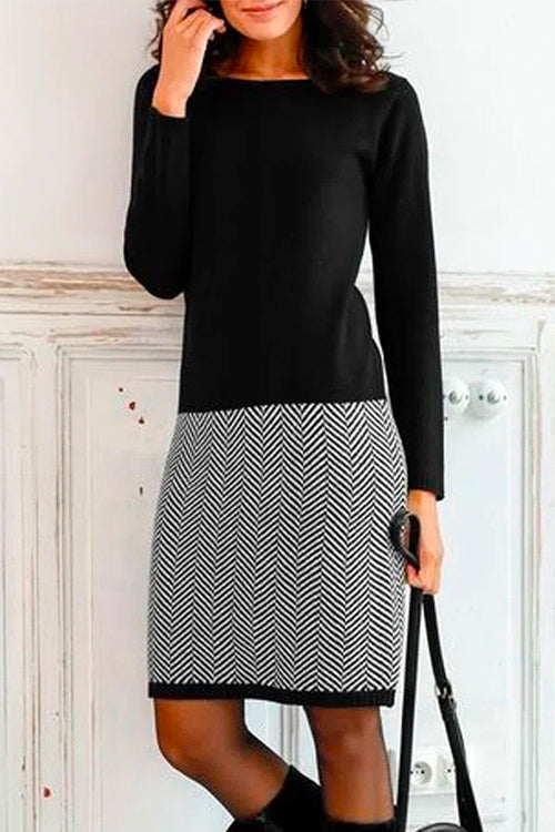 Karladress Crewneck Long Sleeve Houndstooth Splice Dress