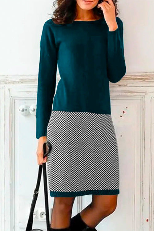 Karladress Crewneck Long Sleeve Houndstooth Splice Dress