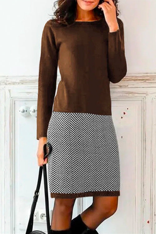 Karladress Crewneck Long Sleeve Houndstooth Splice Dress