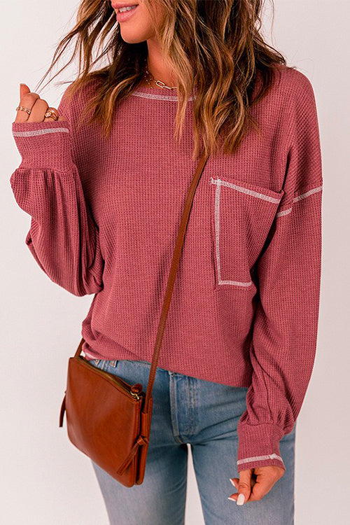 Karladress Crewneck Long Sleeve Color Block Waffle Top