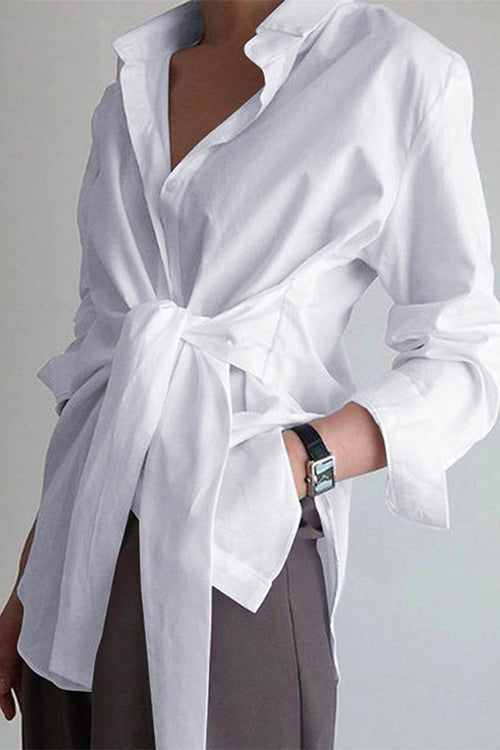 Karladress Lapel Long Sleeve Button Down Knot Front Shirt