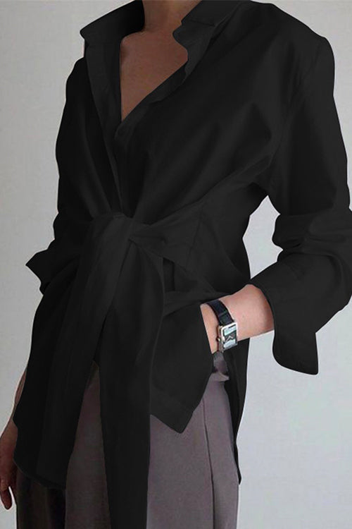 Karladress Lapel Long Sleeve Button Down Knot Front Shirt