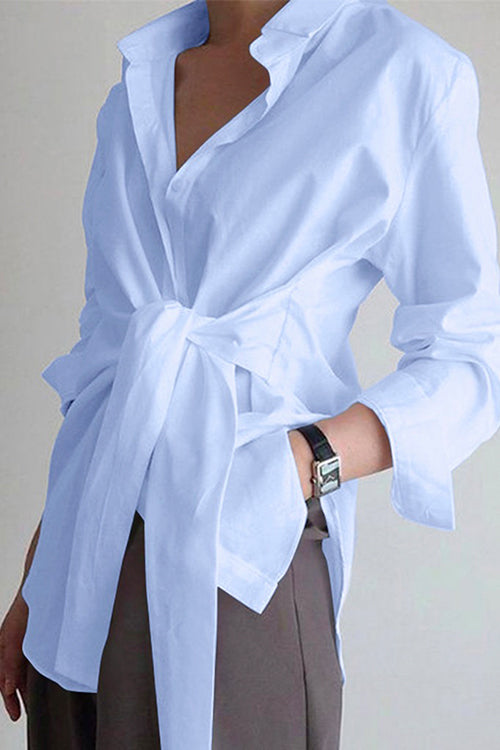 Karladress Lapel Long Sleeve Button Down Knot Front Shirt