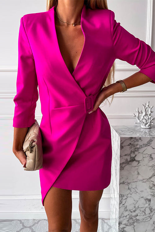 Karladress Solid Wrap V Neck High Waist Blazer Dress