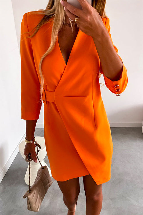 Karladress Solid Wrap V Neck High Waist Blazer Dress