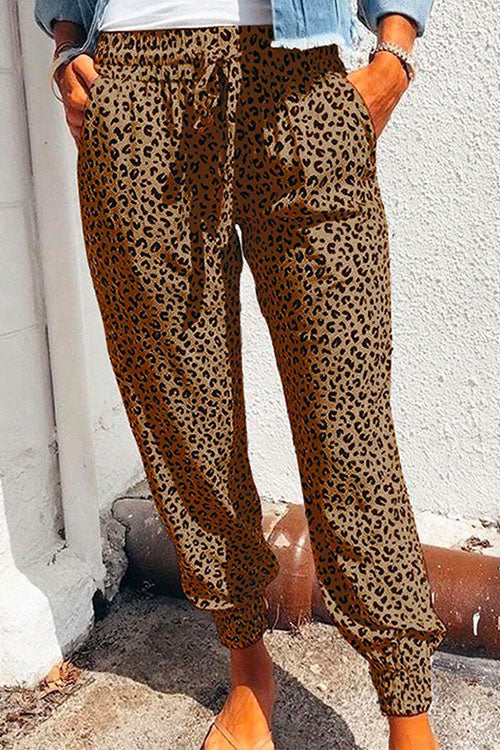 Karladress Casual Tie Waist Leopard Joggers Pants with Pockets