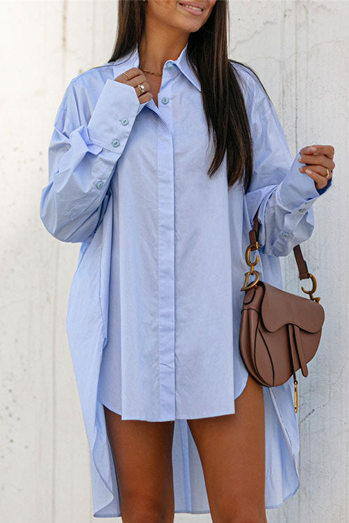 Karladress Lapel High Low Hem Button Down Shirt