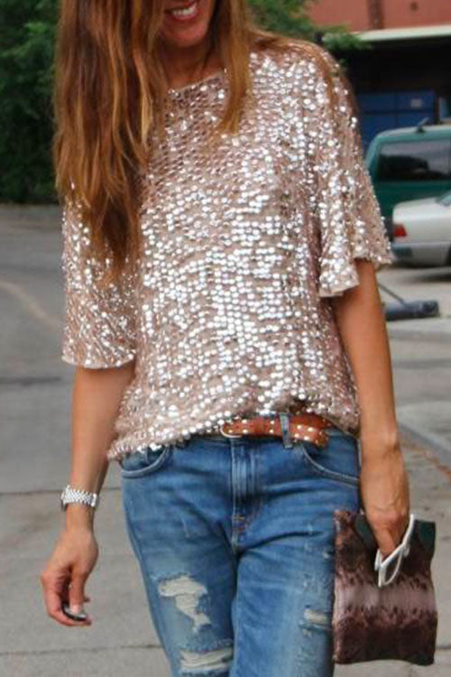 Karladress Crewneck Half Sleeve Sequin T Shirt