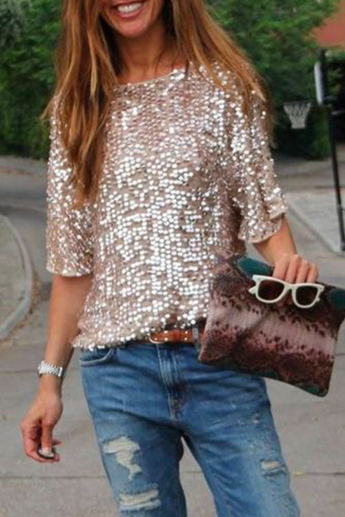 Karladress Crewneck Half Sleeve Sequin T Shirt