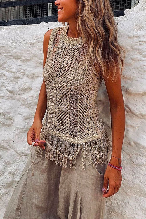 Karladress Tassel Crewneck Sleeveless Hollow Out Cover Up