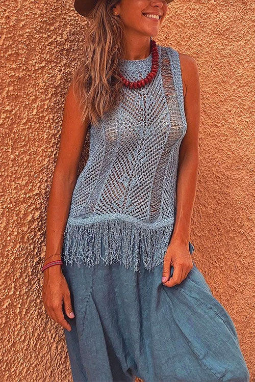 Karladress Tassel Crewneck Sleeveless Hollow Out Cover Up