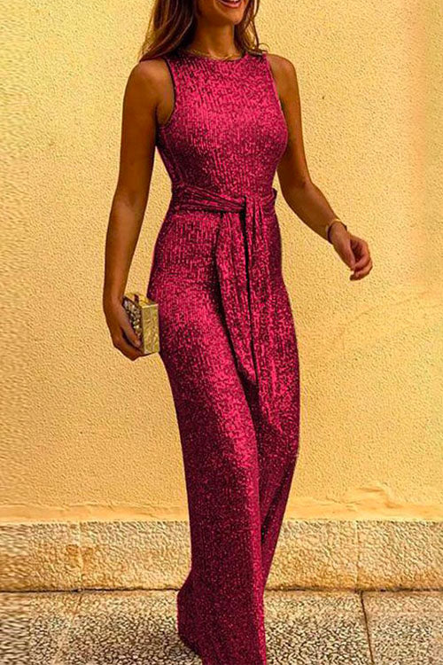 Karladress Crewneck Sleeveless Tie Waist Sequin Jumpsuit