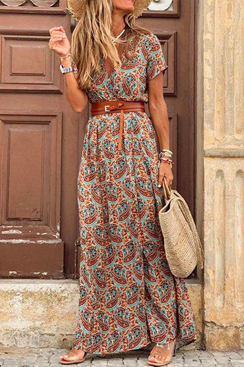 Karladress Bohemia Wrap V Neck High Split Printed Dress