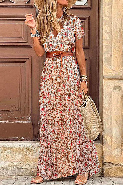 Karladress Bohemia Wrap V Neck High Split Printed Dress