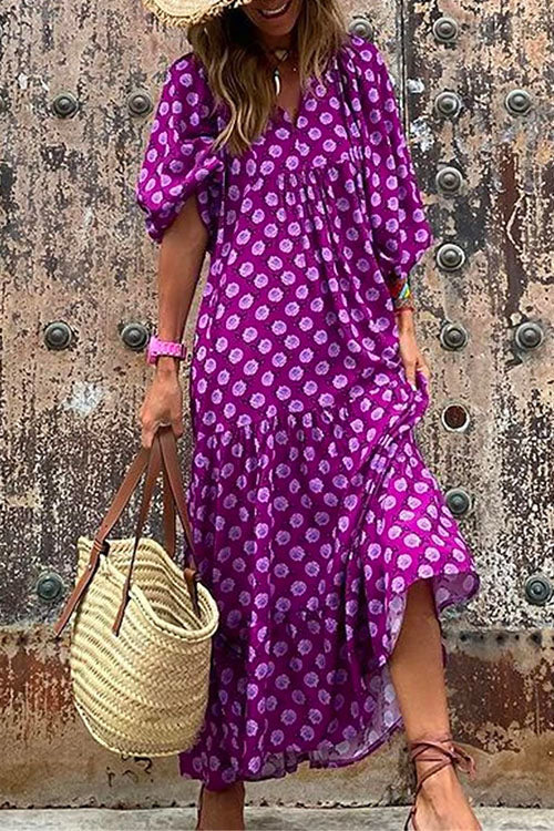 Karladress Puff Sleeve Geometry Printed Swing Dress