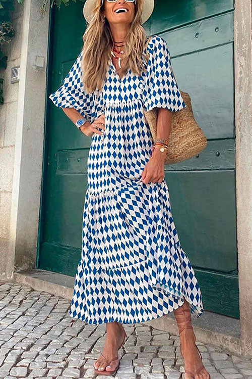 Karladress Puff Sleeve Geometry Printed Swing Dress