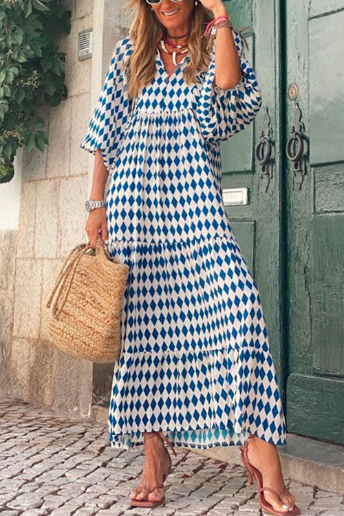 Karladress Puff Sleeve Geometry Printed Swing Dress