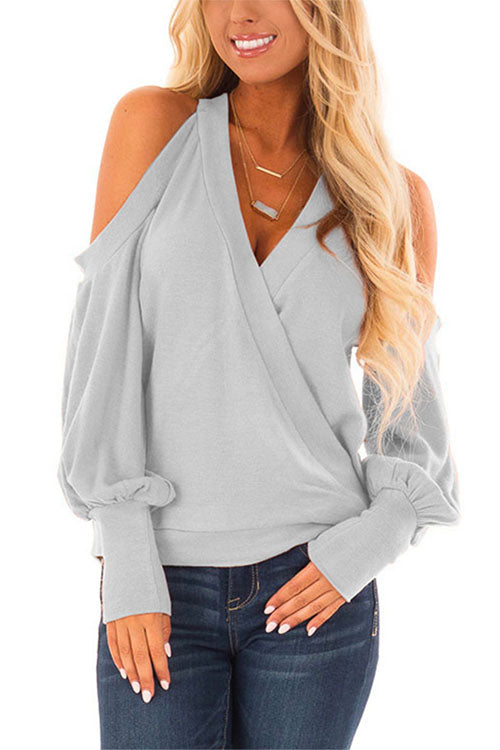 Karladress Wrap V Neck Cold Shoulder Lantern Sleeve Top