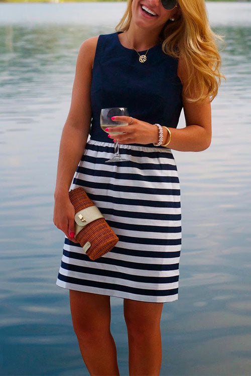 Karladress Casual Crewneck Sleeveless Stripes Dress