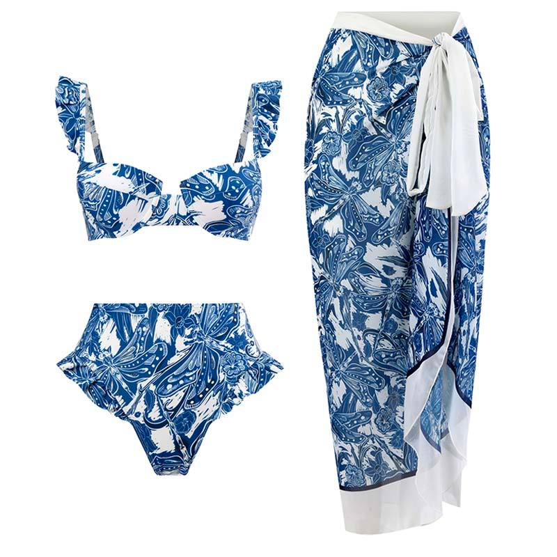 Karladress Ruffle Trim Two-Piece Swimwear and Wrap Cover Up Skirt Print Set