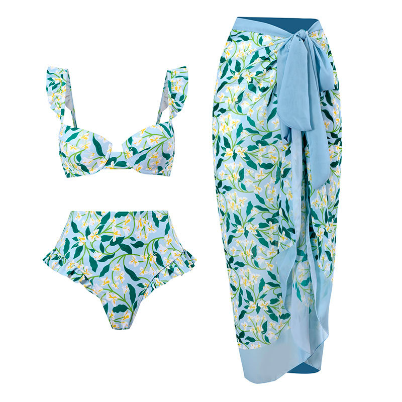 Karladress Ruffle Trim Two-Piece Swimwear and Wrap Cover Up Skirt Print Set