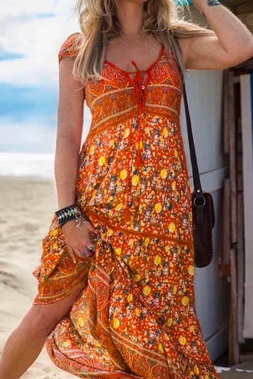 Karladress Tassel V Neck Bohemia Printed Maxi Beach Dress