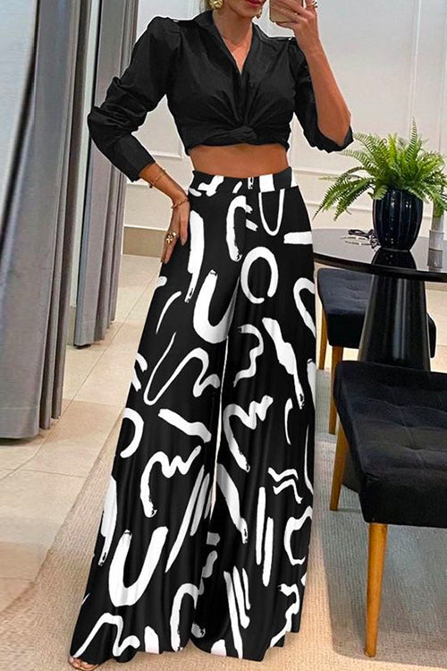 Karladress Twist Knot Long Sleeve Crop Top Printed Wide Leg Pants Set