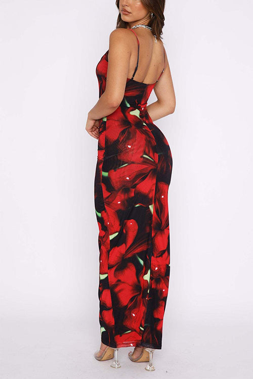 Karladress U Neck Hibiscus Print Bodycon Maxi Cami Dress