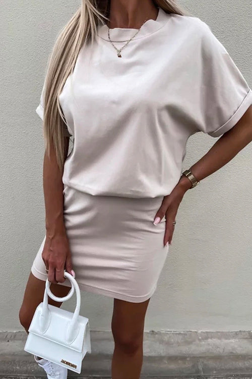 Karladress Crewneck Short Sleeve Waisted Solid Mini Dress