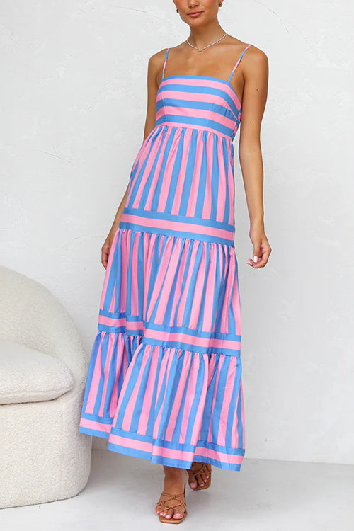 Karladress Spaghetti Strap Tiered Color Block Striped Maxi Dress