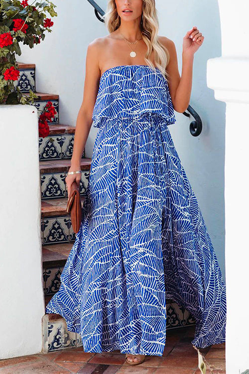 Karladress Sleeveless Off Shoulder Waisted Slit Maxi Printed Swing Dress