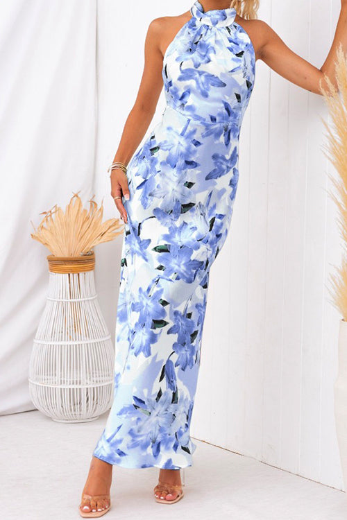 Karladress Tie Neck Backless Floral Printed Maxi Flowy Dress