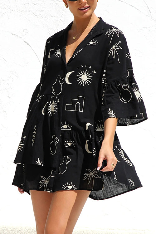 Karladress Flare Sleeves Button Down Graffiti Print Ruffle Shirt Dress