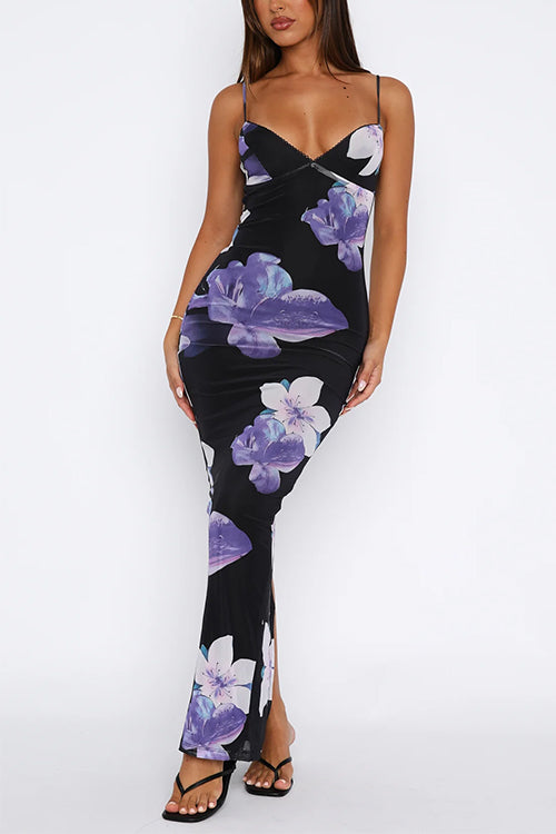 Karladress V Neck Spaghetti Strap Back Slit Floral Maxi Dress