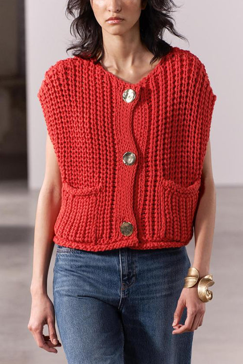 Karladress Gold Buttons Pocketed Chunky Sweater Vest