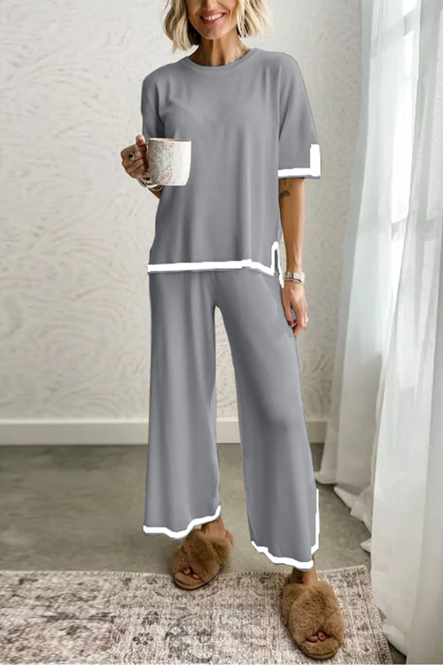 Karladress Color Block Short Sleeves Side Split Pullover Wide Leg Pants Knitting Loungewear Set