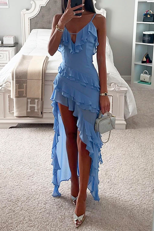 Karladress V Neck Ruffle Trim High Low Hem Party Cami Dress