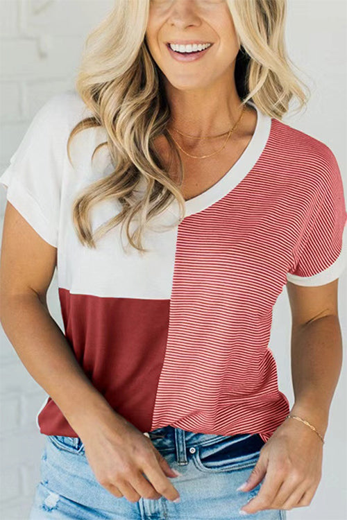 Karladress V Neck Stripe Splice Color Block T-shirt