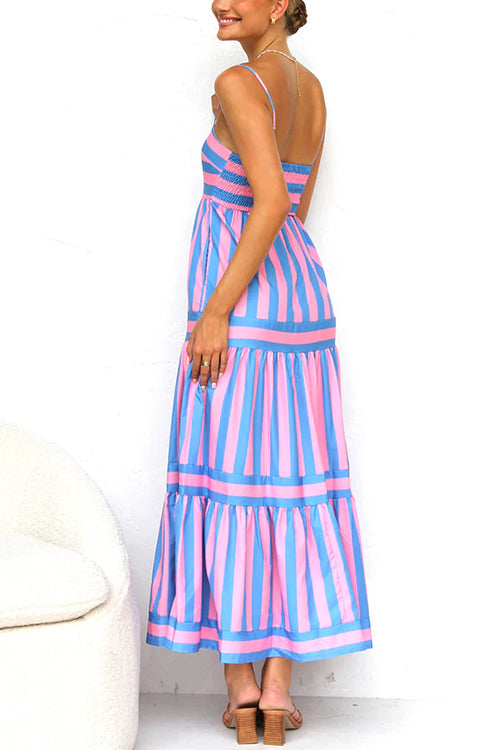 Karladress Spaghetti Strap Ruffle Tiered Color Block Striped Maxi Dress