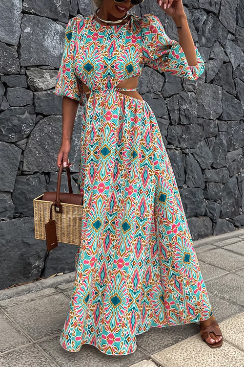 Karladress Puff Sleeves Backless Lace-up Printed Maxi Vacation Dress