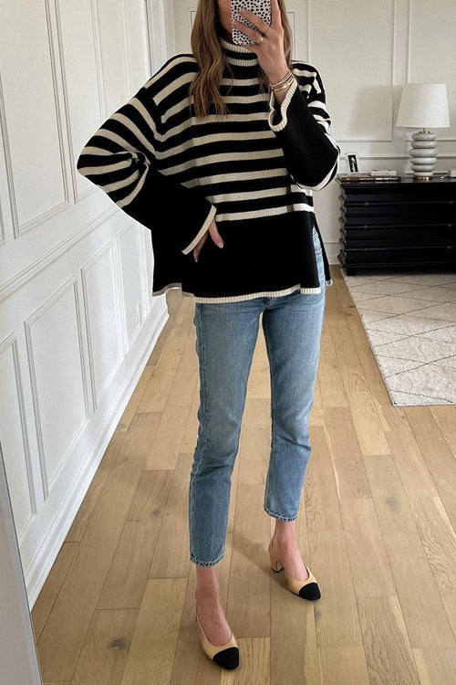 Karladress Striped Tuetleneck Side Split Pullover Sweater